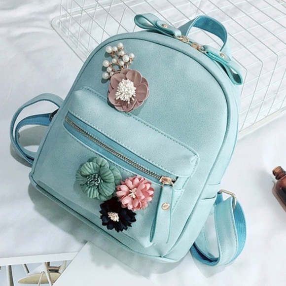 FLORAL EMBELLISHED PASTEL BLUE BACKPACK - Picture 3 of 5